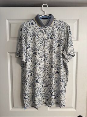 Greyson Men's XL Sawgrass Curiosities White & Navy Patterned Polo Shirt